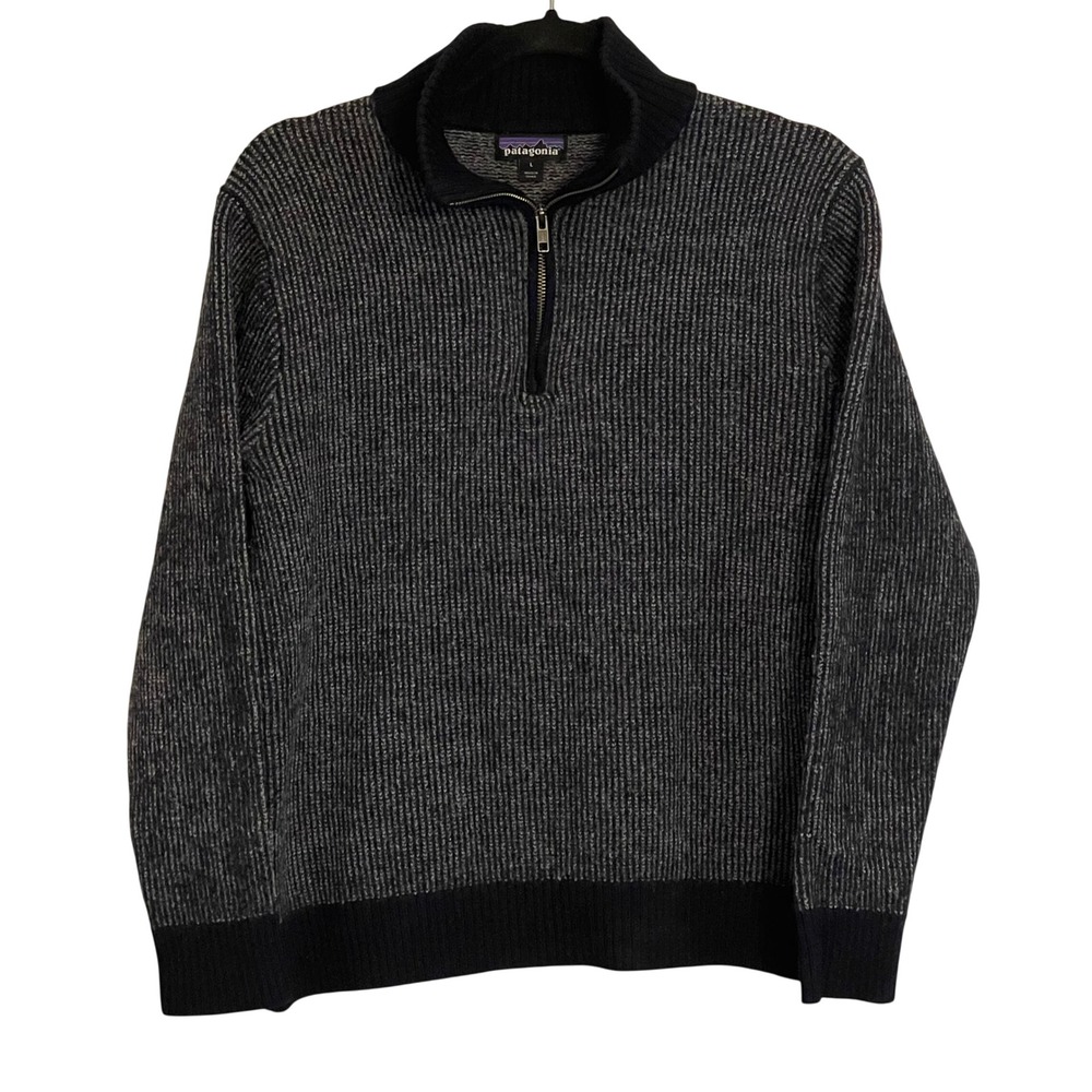 Patagonia Mens Large Navy Blue Marled Ribbed Knit Quarter Zip Sweater Mock‎ Neck